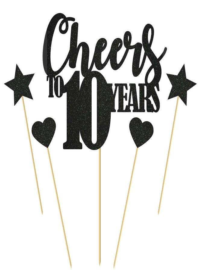 SVM CRAFT زينة كعكة عيد الميلاد العاشر من SVM CRAFT® باللون الأسود، مزينة ببريق ذهبي، مكتوب عليها "Cheers to 10 Years" / زينة كعكة عيد الميلاد العاشر / لوازم حفلات الذكرى السنوية العاشرة - Image 2